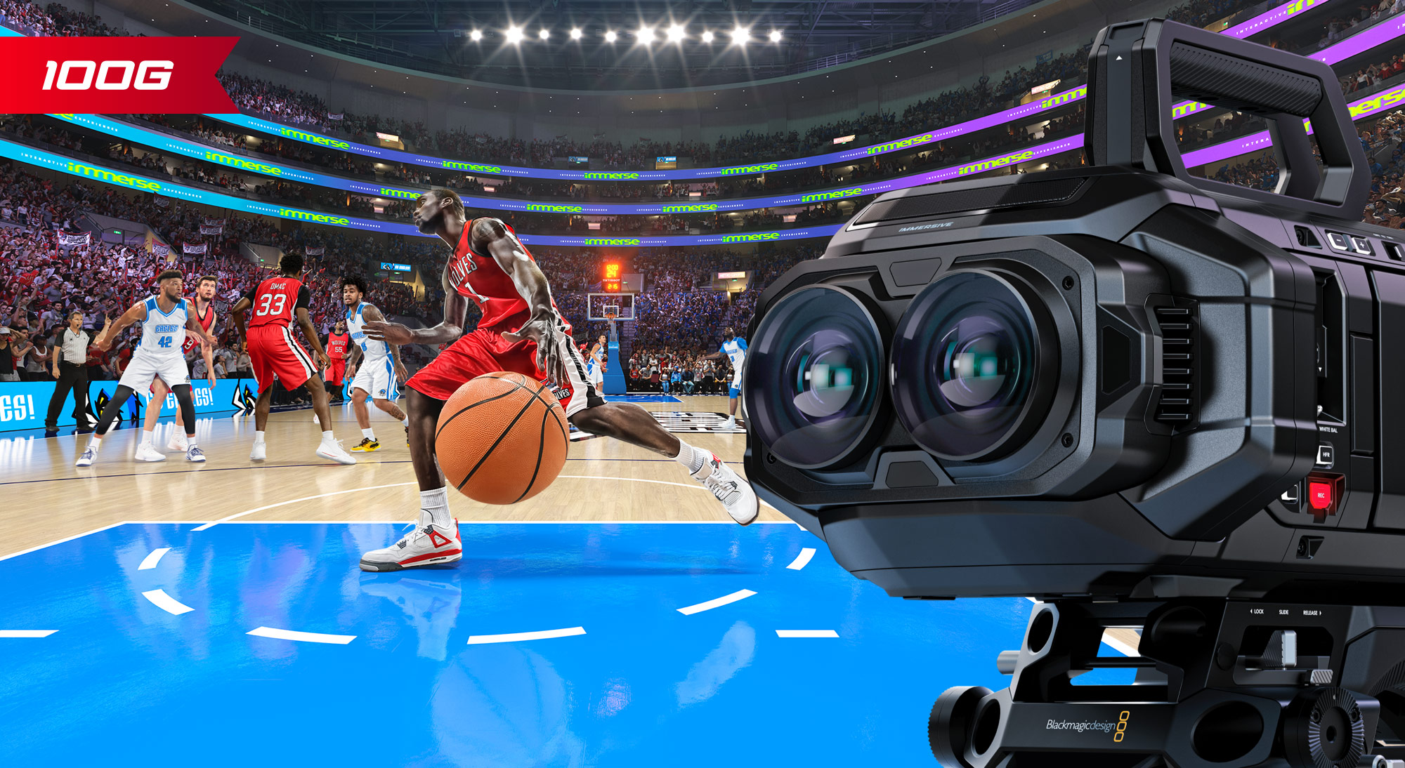 Blackmagic URSA Cine Immersive 100G camera with an active basketball game in the background