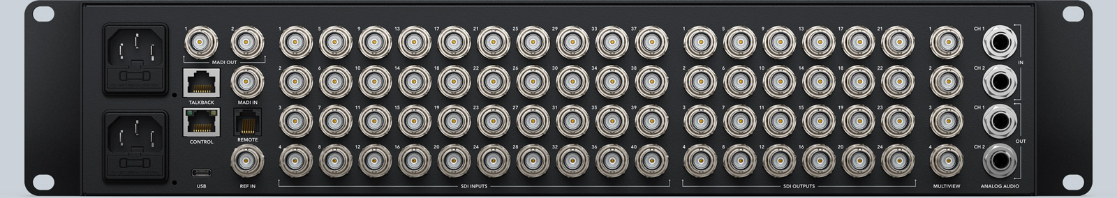 Koneksi Blackmagic ATEM 4 M/E Constellation HD dengan 24 output 3G-SDI MADI USB-C Ethernet dan talkback