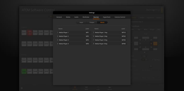 Switcher Settings - Sources