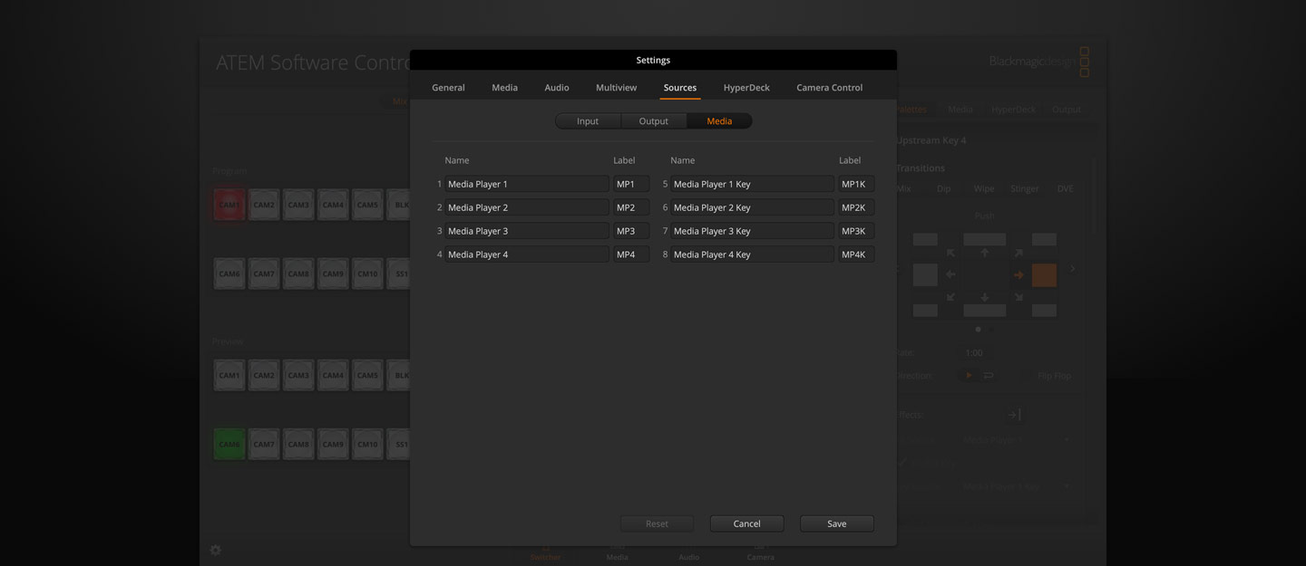 Switcher Settings - Sources