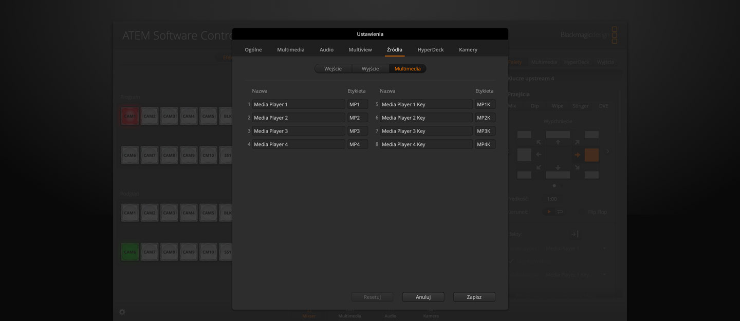 Switcher Settings - Sources