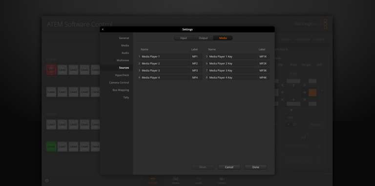 Switcher Settings - Sources