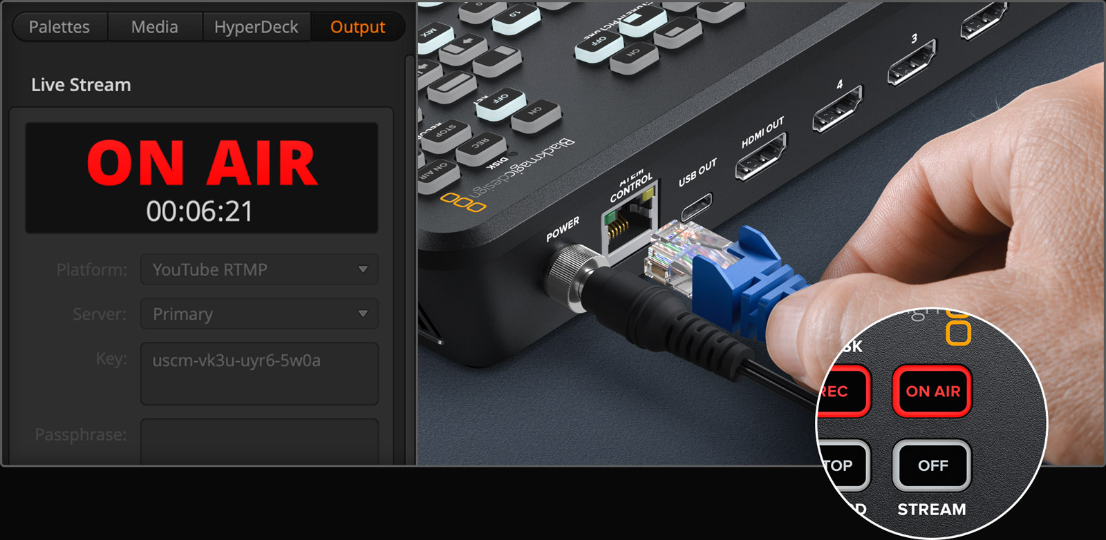 Koneksi Blackmagic ATEM Mini Pro ISO dengan 4 input HDMI, HDMI output, USB-C dan Ethernet