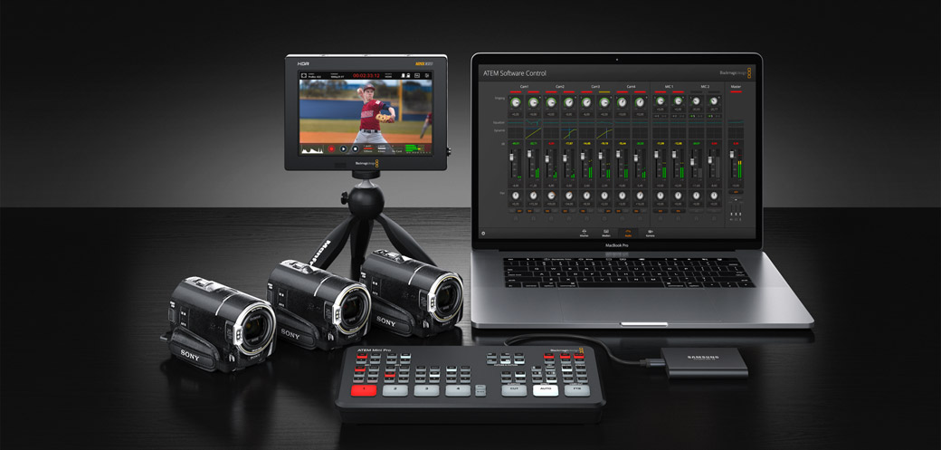 ATEM Mini Pro with laptop, cameras and Blackmagic HDR monitor.