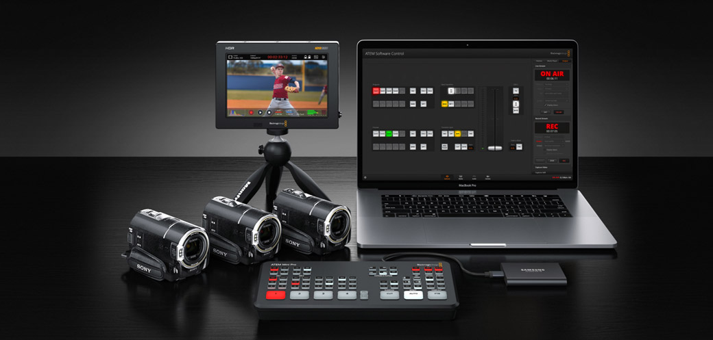 ATEM Mini Pro with laptop, cameras and Blackmagic HDR monitor.