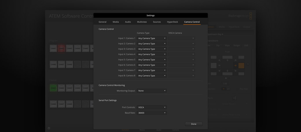 Camera Control Settings Page