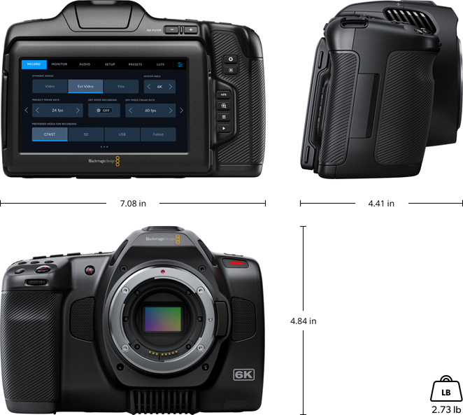 Cinema Zactuo EVF + Blackmagic Pocket 4K Hawk-Boschi Canon Manichino batteria 
